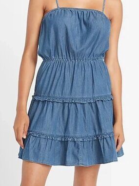 EXPRESS Denim Square Neck Tiered Mini Dress Size L